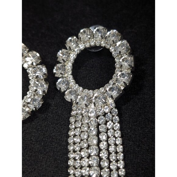 Retro Clear Rhinestone Large Circle Fringe Tassel  Long Statement Earrings Runwa - Picture 3 of 9